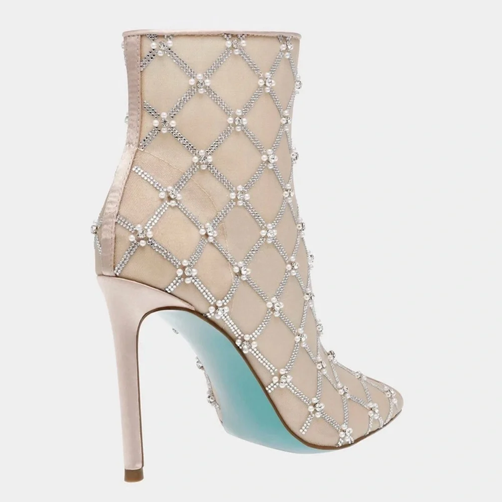 NEW Betsey Johnson Larkk Nude 4” Heel Ankle Booties Crystal Holiday Party Sz 10 - Picture 3 of 11